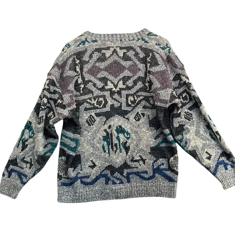 Method Vintage 90s Gray Geometric Abstract Grandpa Cardigan Sweater Men XL